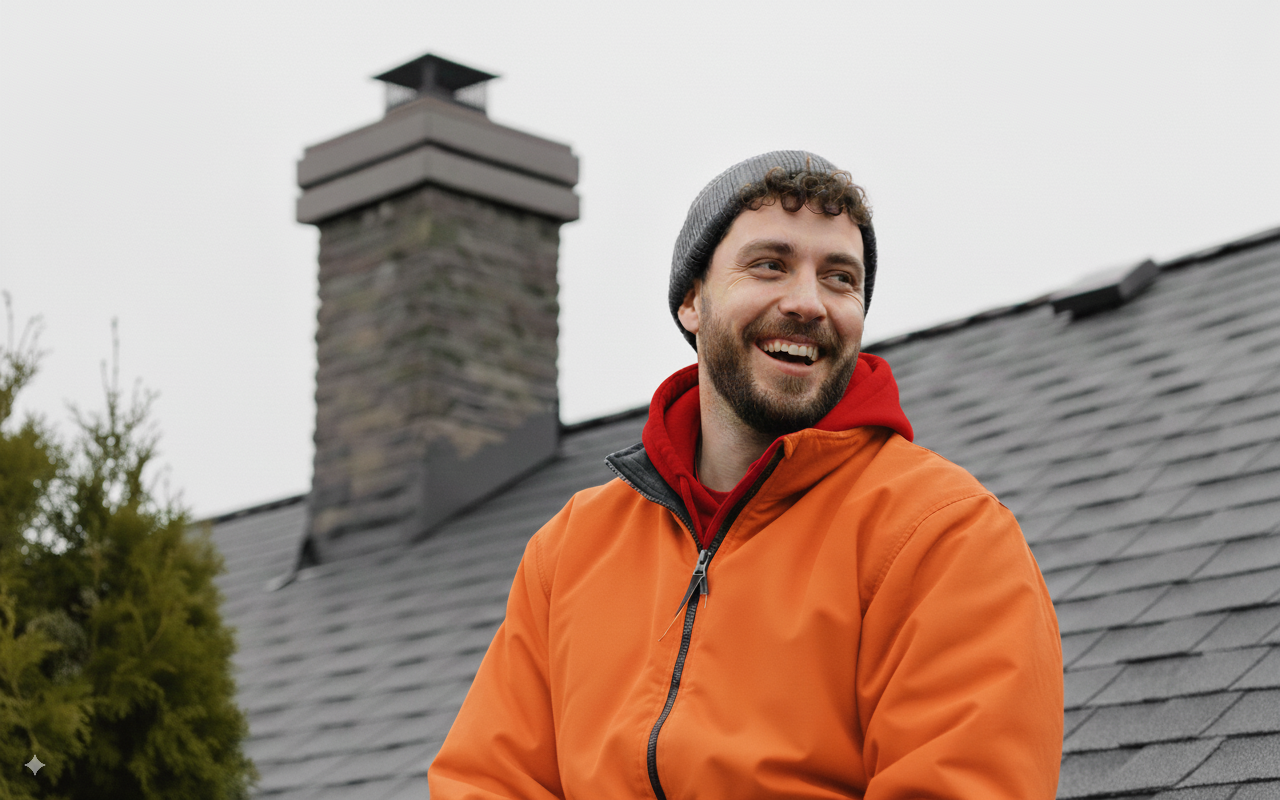Man in an orange jacket standing on a roof with a chimney and tree in the background