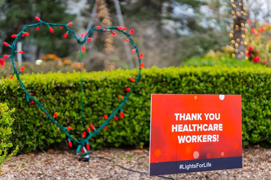 "Thank you healthcare workers" next to Christmas Lights